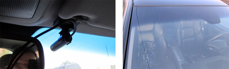 Фото слева: камера, установленная над лобовым стеклом; фото справа: вид на салон автомобиля снаружи — сможете обнаружить регистратор?